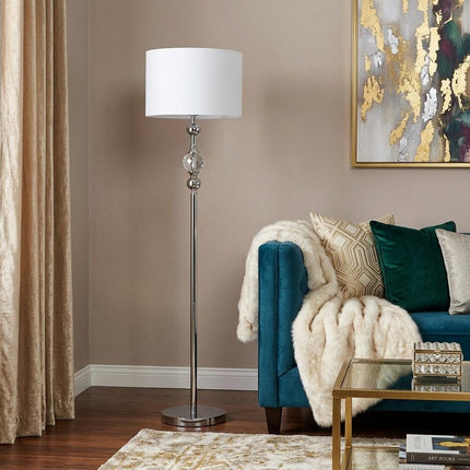 63" Chrome and Crystal Orb Shaped Floor Lamp With White Drum Shade HomeRoots