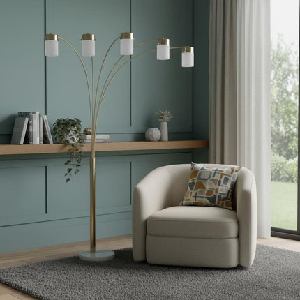 84" Gold And White Five Light Arched Floor Lamp With White Acrylic Drum Shade HomeRoots