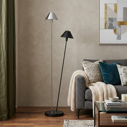 48" Black And Silver Two Light LED Novelty Floor Lamp With Black And Silver Metal Empire Shade HomeRoots