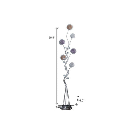59" Silver Six Light LED Novelty Floor Lamp With Purple And White Metal Novelty Shade HomeRoots