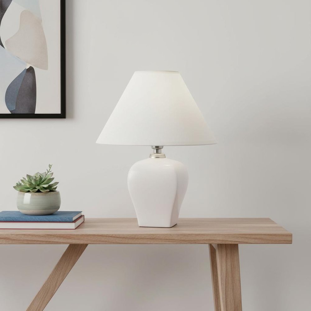13" White Ceramic Bedside Table Lamp With Off-White Shade
