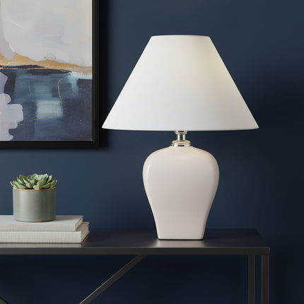 13" White Ceramic Bedside Table Lamp With Off-White Shade HomeRoots