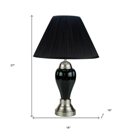 27" Black and Silver Ceramic Urn Table Lamp With Black Empire Shade HomeRoots