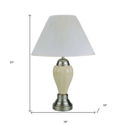 27" Ivory and Silver Ceramic Urn Table Lamp With White Empire Shade HomeRoots