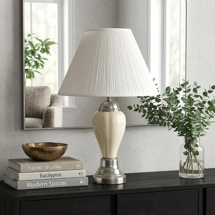 27" Ivory and Silver Ceramic Urn Table Lamp With White Empire Shade HomeRoots