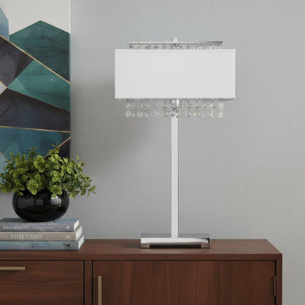 28" Silver Table Lamp With Faux Crystals and White Rectangle Shade HomeRoots