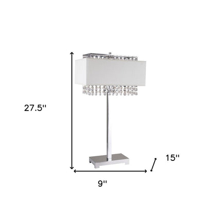 28" Silver Table Lamp With Faux Crystals and White Rectangle Shade HomeRoots