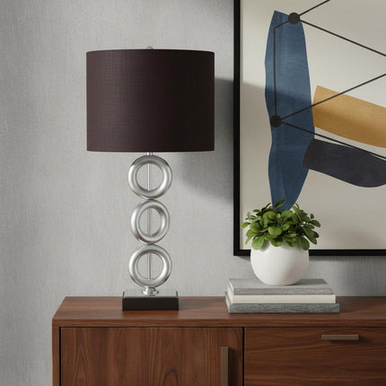 29" Silver Ceramic Geometric Table Lamp With Brown Classic Drum Shade HomeRoots