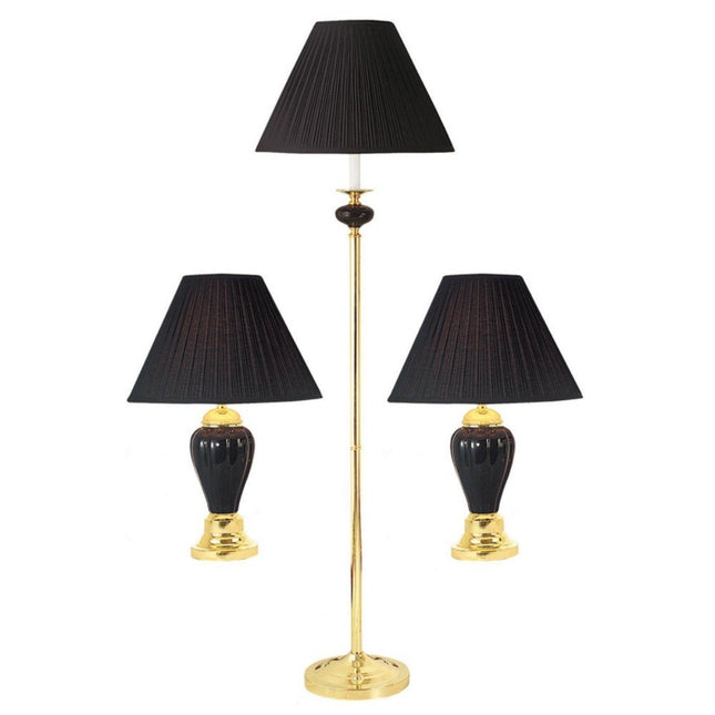 Set of Three 64" Black Urn Bedside Lamps With Empire Shades HomeRoots