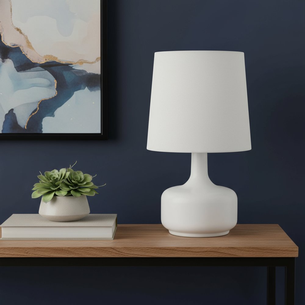 17" White Metal Bedside Table Lamp With Off-White Shade