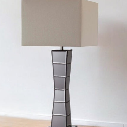 Black Glass Tower Table Lamp with Beige Fabric Shade HomeRoots