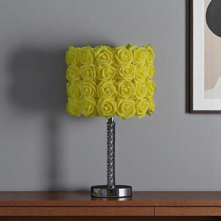 18" Silver Bedside Table Lamp With Yellow Flowers Drum Shade HomeRoots