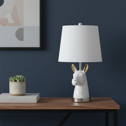 21" Silver And White Novelty Llama Lamp With White Drum Shade HomeRoots