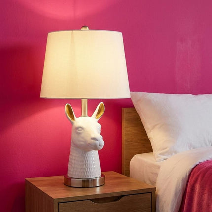21" Silver And White Novelty Llama Lamp With White Drum Shade HomeRoots