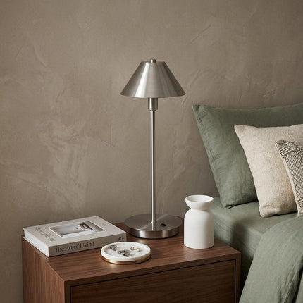 17" Silver Metal Bedside Table Lamp With Silver Cone Shade HomeRoots