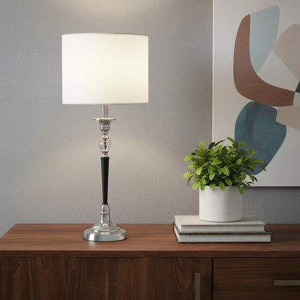 23" Black Chrome and Crystal Table Lamp With White Drum Shade HomeRoots