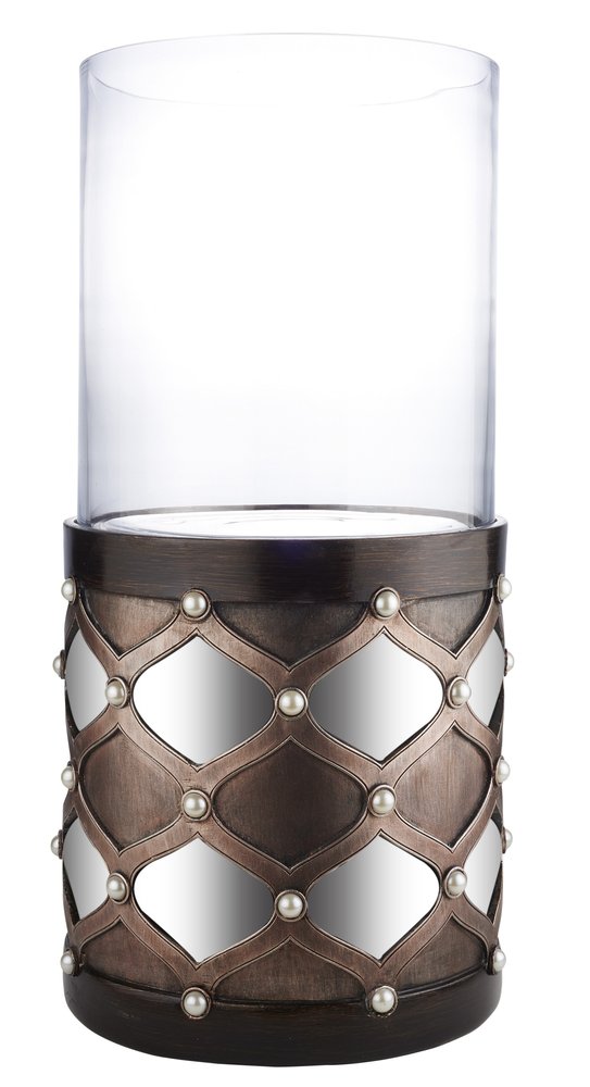 22" Bronze and Silver with Pearls Tabletop Hurricane Candle Holder HomeRoots