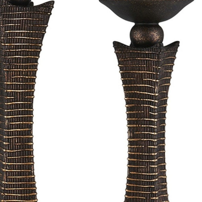 Set of Two Bronze Polyresin Woven Tabletop Pillar Candle Holders With Candle HomeRoots