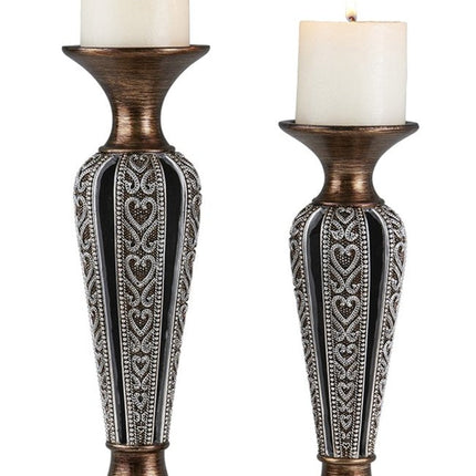 Set of Two Bronze and Silver Polyresin Hearts Centerpiece Pillar Candle Holders With Candle HomeRoots