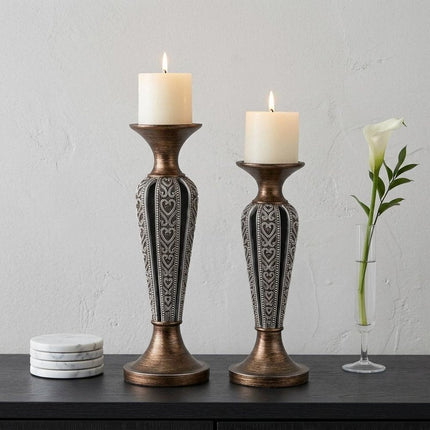 Set of Two Bronze and Silver Polyresin Hearts Centerpiece Pillar Candle Holders With Candle HomeRoots