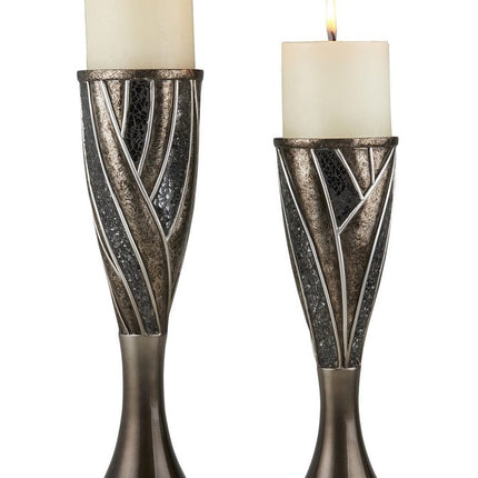 Set of Two Black Silver and Bronze Polyresin Abstract Centerpiece Pillar Candle Holders With Candle