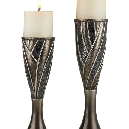 Set of Two Black Silver and Bronze Polyresin Abstract Centerpiece Pillar Candle Holders With Candle