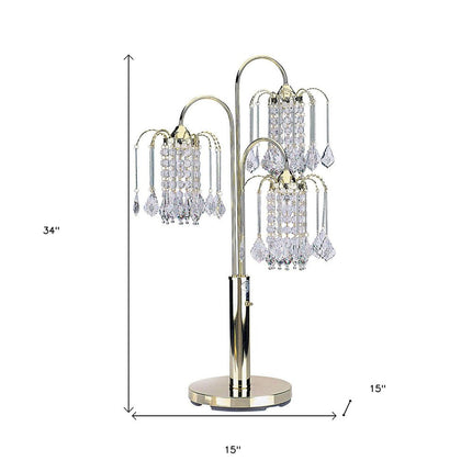 34" Gold and Faux Crystal Three Light Chandelier Table Lamp HomeRoots