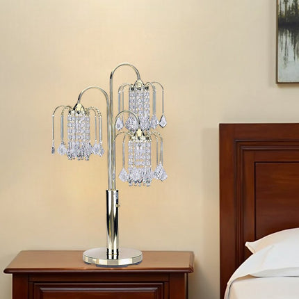 34" Gold and Faux Crystal Three Light Chandelier Table Lamp