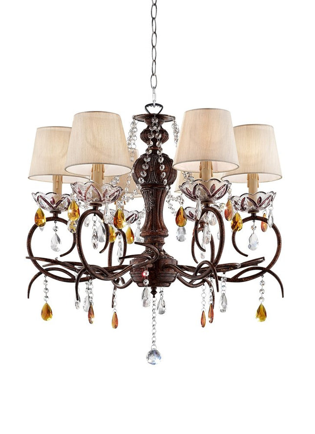 Brown And White Shaded Four Light Metal and Crystal Glass Chandelier With White Shades