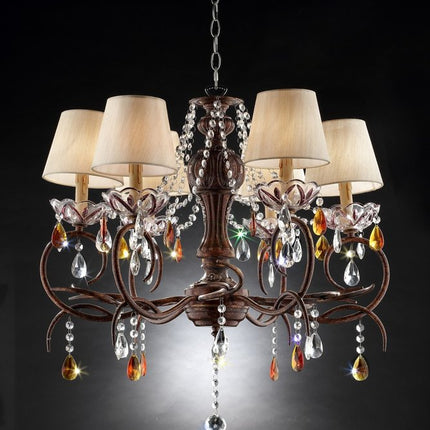 Brown And White Shaded Four Light Metal and Crystal Glass Chandelier With White Shades