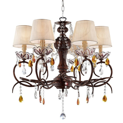 Brown And White Shaded Four Light Metal and Crystal Glass Chandelier With White Shades
