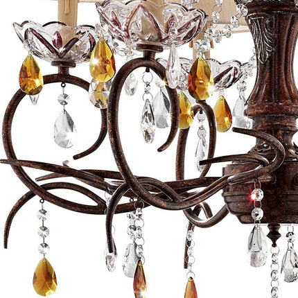 Brown And White Shaded Four Light Metal and Crystal Glass Chandelier With White Shades