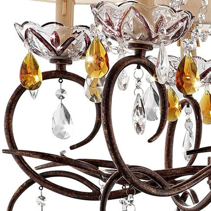 Brown And White Shaded Four Light Metal and Crystal Glass Chandelier With White Shades