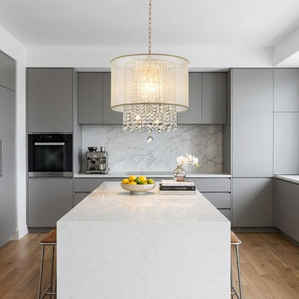 Primo Gold Finish Ceiling Lamp with Crystal Accents and White Shade HomeRoots