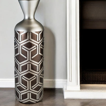 22" Brown and Silver Geometric Cylinder Polyresin Floor Vase HomeRoots