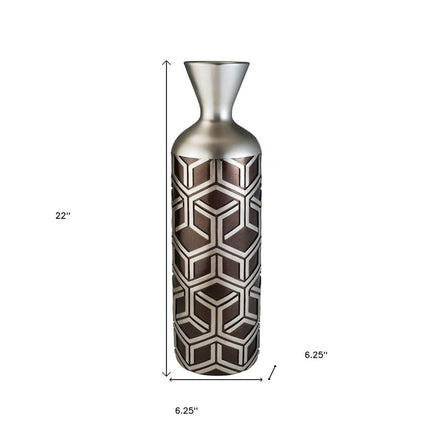 22" Brown and Silver Geometric Cylinder Polyresin Floor Vase HomeRoots