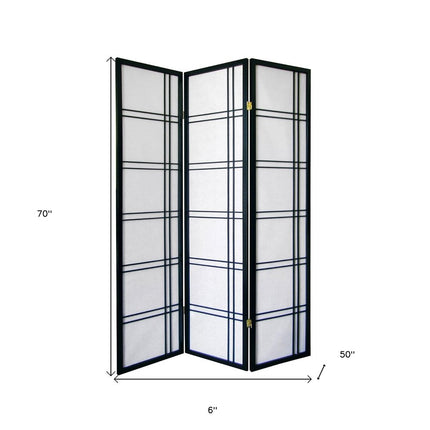 70" Black And White Heavy Duty Rice Paper Folding Three Panel Screen Room Divider HomeRoots