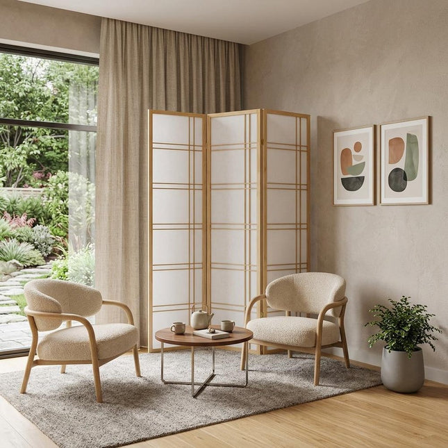 70" Brown And White Heavy Duty Rice Paper Folding Three Panel Screen Room Divider HomeRoots