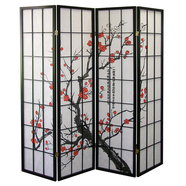 70" Black And White Heavy Duty Rice Paper Folding Four Panel Screen Room Divider HomeRoots