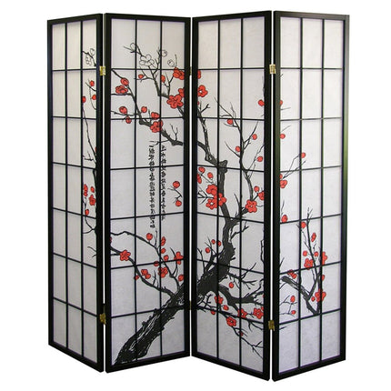 70" Black And White Heavy Duty Rice Paper Folding Four Panel Screen Room Divider HomeRoots