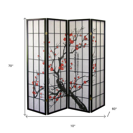 70" Black And White Heavy Duty Rice Paper Folding Four Panel Screen Room Divider HomeRoots