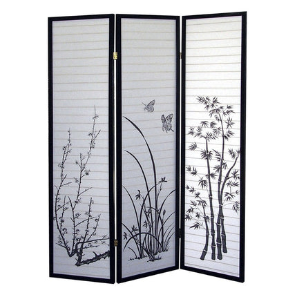 70" Black And White Heavy Duty Rice Paper Folding Three Panel Screen Room Divider HomeRoots