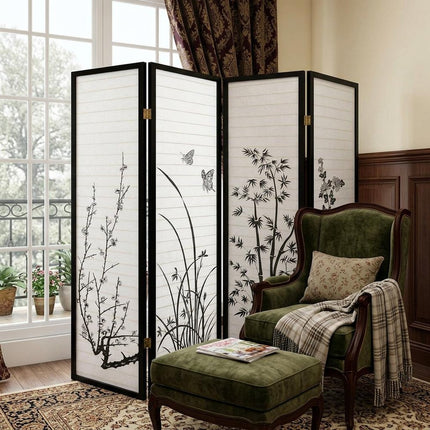 70" Black And White Heavy Duty Rice Paper Folding Four Panel Screen Room Divider HomeRoots