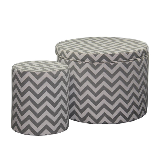 Set of Two Gray and White Polyester Blend Round Geometric Footstool Ottoman HomeRoots