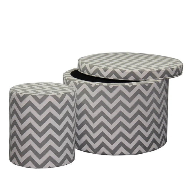 Set of Two Gray and White Polyester Blend Round Geometric Footstool Ottoman HomeRoots