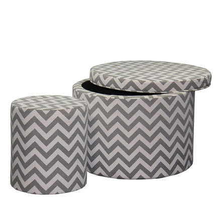 Set of Two Gray and White Polyester Blend Round Geometric Footstool Ottoman HomeRoots