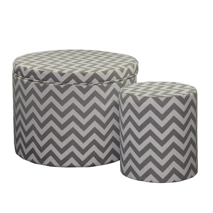 Set of Two Gray and White Polyester Blend Round Geometric Footstool Ottoman HomeRoots