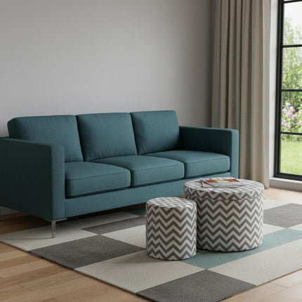 Set of Two Gray and White Polyester Blend Round Geometric Footstool Ottoman HomeRoots