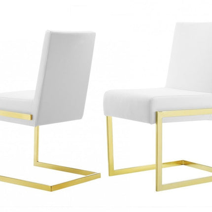 Set of Two White and Gold Upholstered Faux Leather Dining Side Chairs HomeRoots