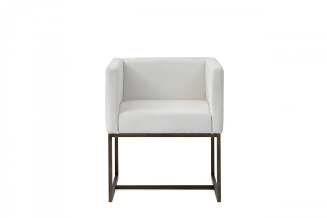 Off White and Antiqued Brass Upholstered Fabric Dining Arm Chair HomeRoots